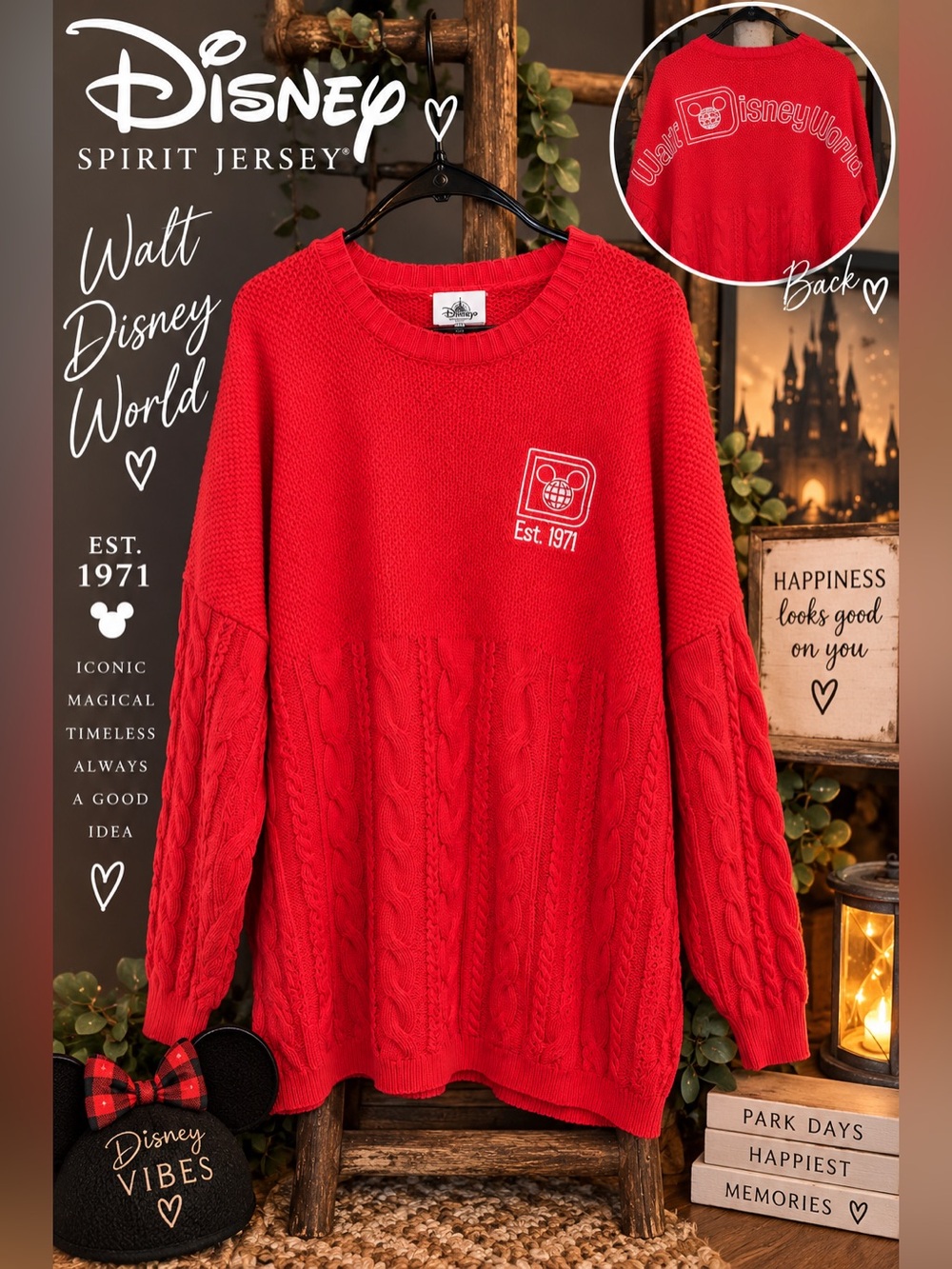Disney Spirit Jersey Cable Knit Sweater XL Red Walt Disney World 1971 Oversized